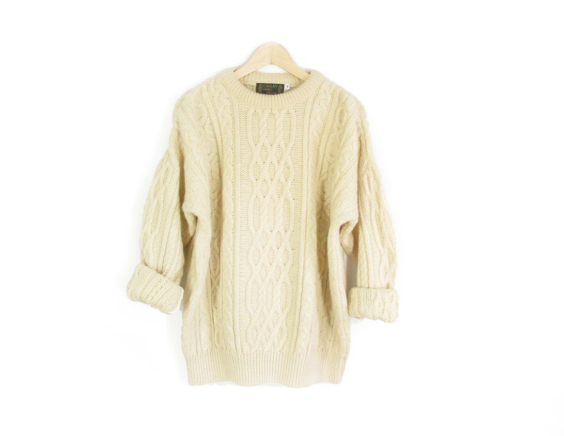 Vintage Wool Fisherman Sweater Cream Cable Knit Sweater