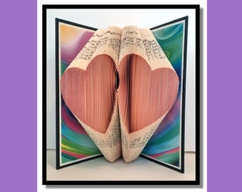058 Folded Book Art: Two Hearts,book sculpture, paper folding, paper anniversary, book origami, altered book, paper sculpture.