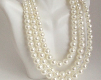 Long White Multi Strand Pearl Necklace Elegant By Sepearlsandmore
