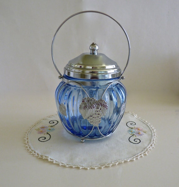BLUE GLASS BISCUIT Jar With Metal Art Deco Frame Music Box