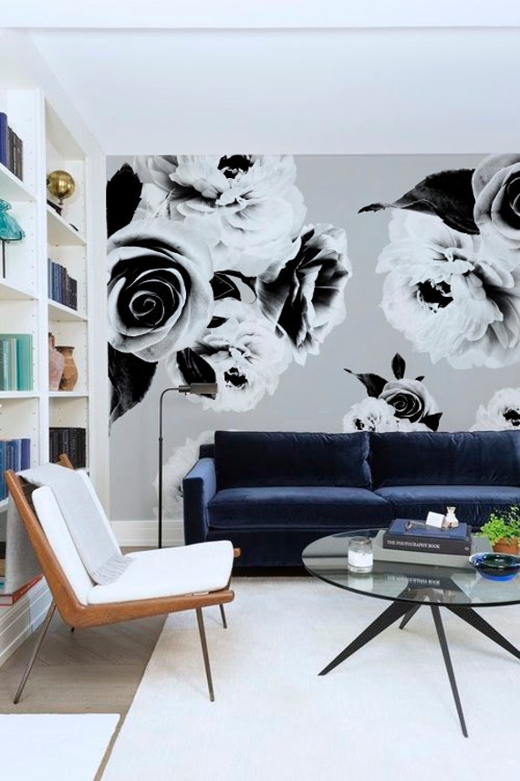 Black and White Floral Mural Wallpaper Adhesive Wallpaper