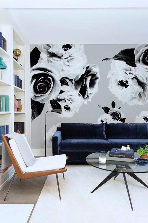 Black and White Floral Mural Wallpaper Adhesive Wallpaper