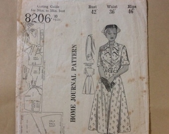 1940s vintage sewing pattern, womens dress, bust 42, Home Journal pattern Mid Century retro style 40s dress with flared skirt, button bodice