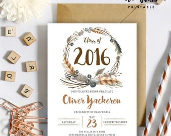 Watercolor Boho Feather Graduation Invitation | Class of 2016 | 5x7 | Editable PDF | Instant Download | DIY at home with Adobe Reader