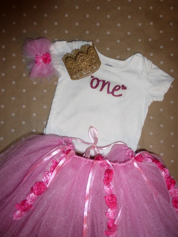 Babies One year birthday outfit pink glitter with pink flower