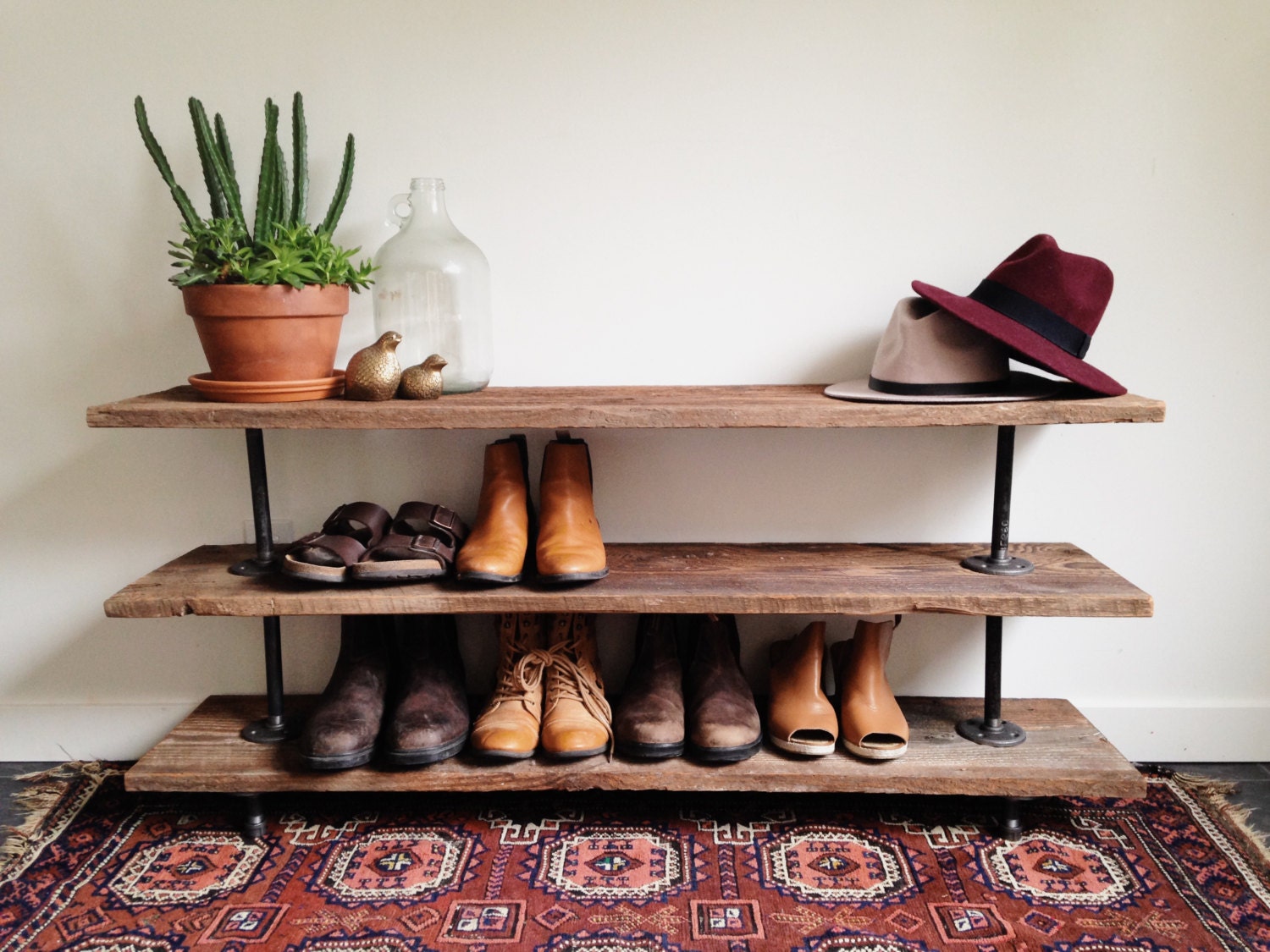 Reclaimed Barn Wood Industrial Pipe Console Table Shoe Rack