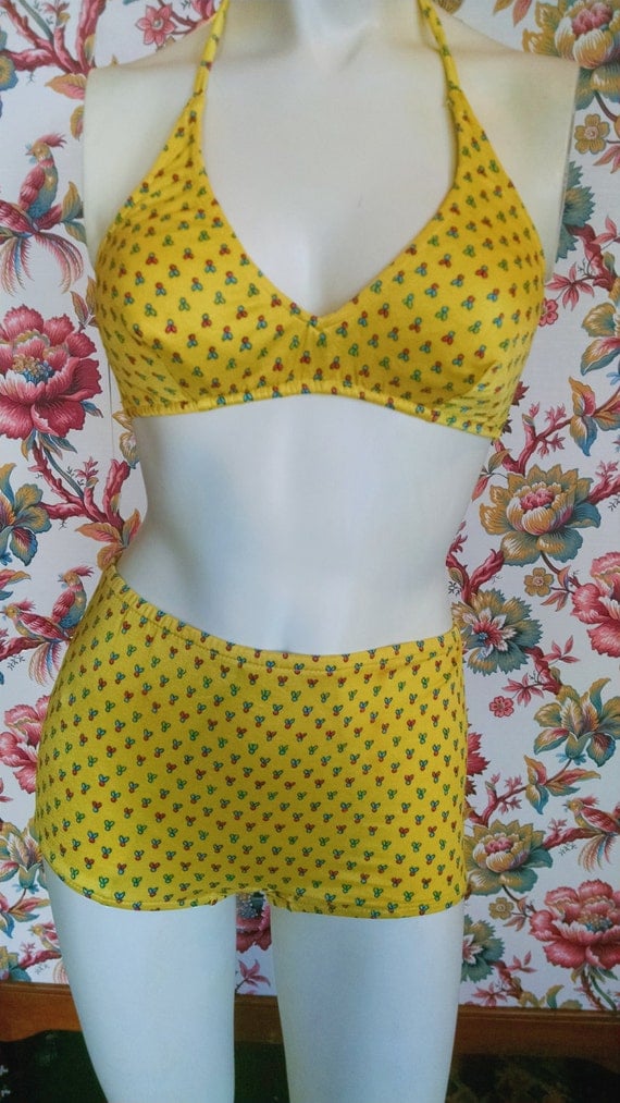 1970s High Waist Funky Printed Swimsuit / 70s Polka by Calligramme