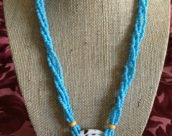 Statement, Beadwork Necklace in Turquoise Blue with A Sea Shell Center, Free Shipping (Other Styles Can Be Made to Order)