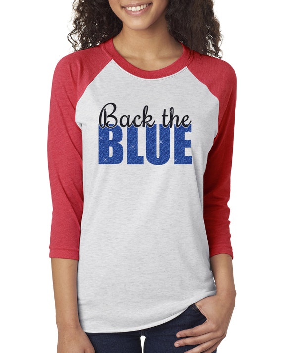 Back the BLUE Shirt 3/4 length Baseball Tee for Women GLITTER
