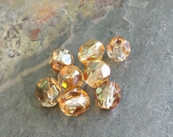 25 Luster Gold Firepolished Czech Glass Round Beads 6mm