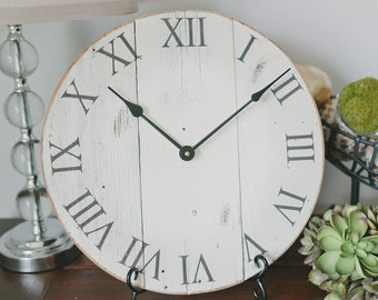 Wall clock. White clock. Rustic wall clock. Wood clock.