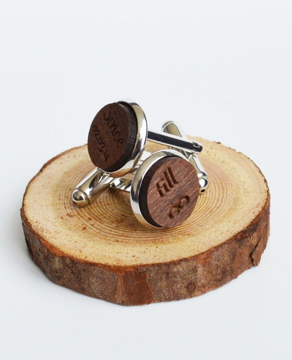 Personalised Wood Cufflinks, Engraved Walnut Wood Cuff Links With Metal Surrounds