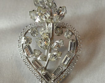 Filigree and rhinestone flowers and heart pin