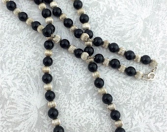 Vintage Designer Quality 925 STERLING SILVER & ONYX Beaded 20" Necklace - 21.7 Grams Fine Jewelry