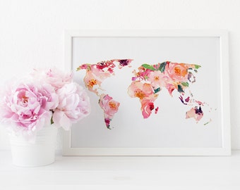 World Map art print, World map print, World map art, Floral world map art, wanderlust print, travel art, adventure print, printable wall art