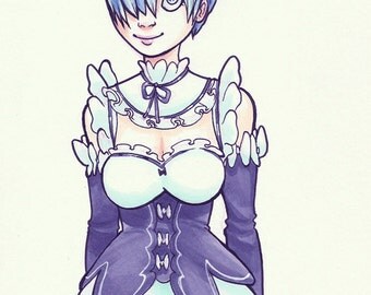 Rem - Original 6x9 Art in Copic Marker, Ink and Red Pencil on Vellum Bristol - Re:Zero Mixed Media Fanart Drawing French Maid Anime Kawaii