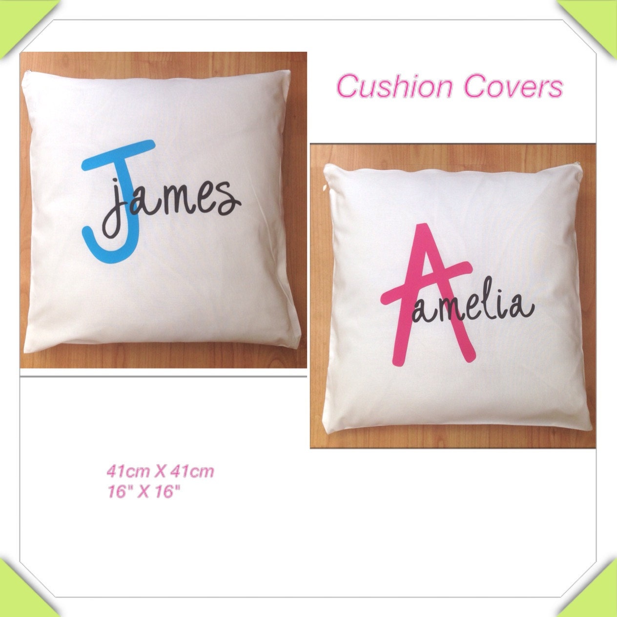 Personalised named Cushion Cover White Cotton Pink or
