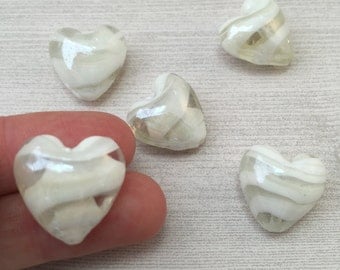 6pcs Lampwork Glass Heart Beads, White and Clear 20mm puffy heart beads