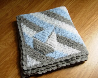 crochet baby blanket, baby boy blanket, crochet baby afghan, summer baby shower gift, newborn boy gift, baby boy bedding, sail boat blanket