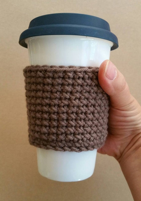 Crochet coffee cup cozy. Crocheted yarn coffee cup sleeve.