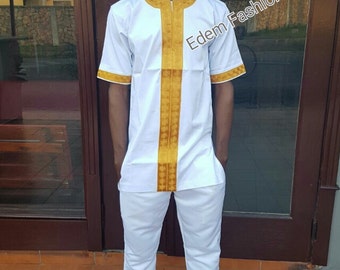 White and gold African clothing, African dashiki shirt, embroidery dashiki shirt, African men's attire, African embroidery shirt,