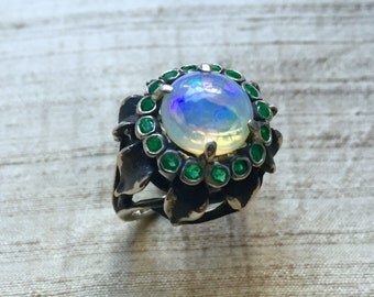 Emeralds and Opal In Sterling- Sunflower Ring