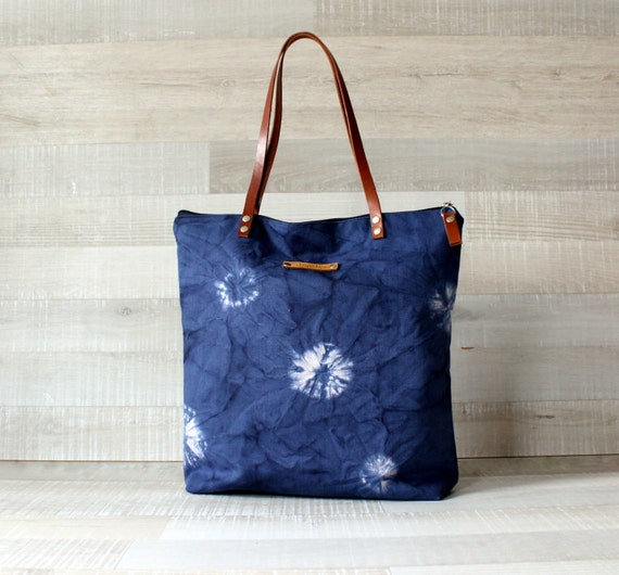 Items similar to Shibori Tote, Hand Dyed Shibori Bag, Genuine Leather ...