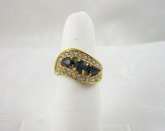 Vintage Rhinestone Ring Crystal Sapphire Goldtone Restored Size 7 1/2