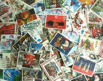 Christmas Stamp Packet, British Stamps - Santa, Snowmen, Robins, Christmas Trees, Stars, Angels, Nativity | used stamps Christmas card craft