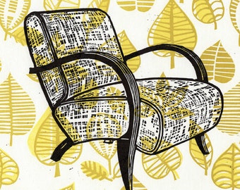 Mid-Century Modern Chair on a Gold Vintage Fabric Linocut Background