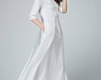 White maxi dress,womens dresses, long linen Dress, white boho dress, linen dress, midi dress,three quarter sleeve dress , Long dress 1485