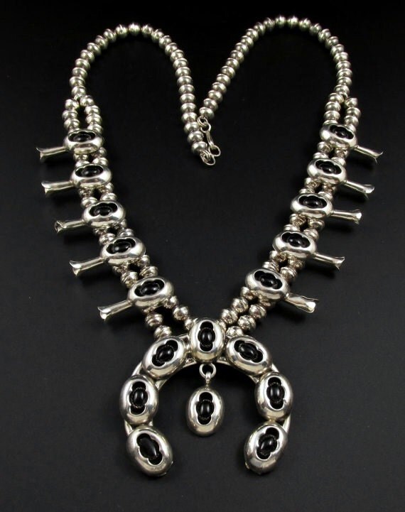 Sterling Silver and Onyx Squash Blossom Necklace Native