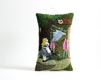 Alice in Wonderland Hanging Sachet. Punch Needle Embroidery. Spring Home Decor. Forest Green, Pink. by HarpandThistle