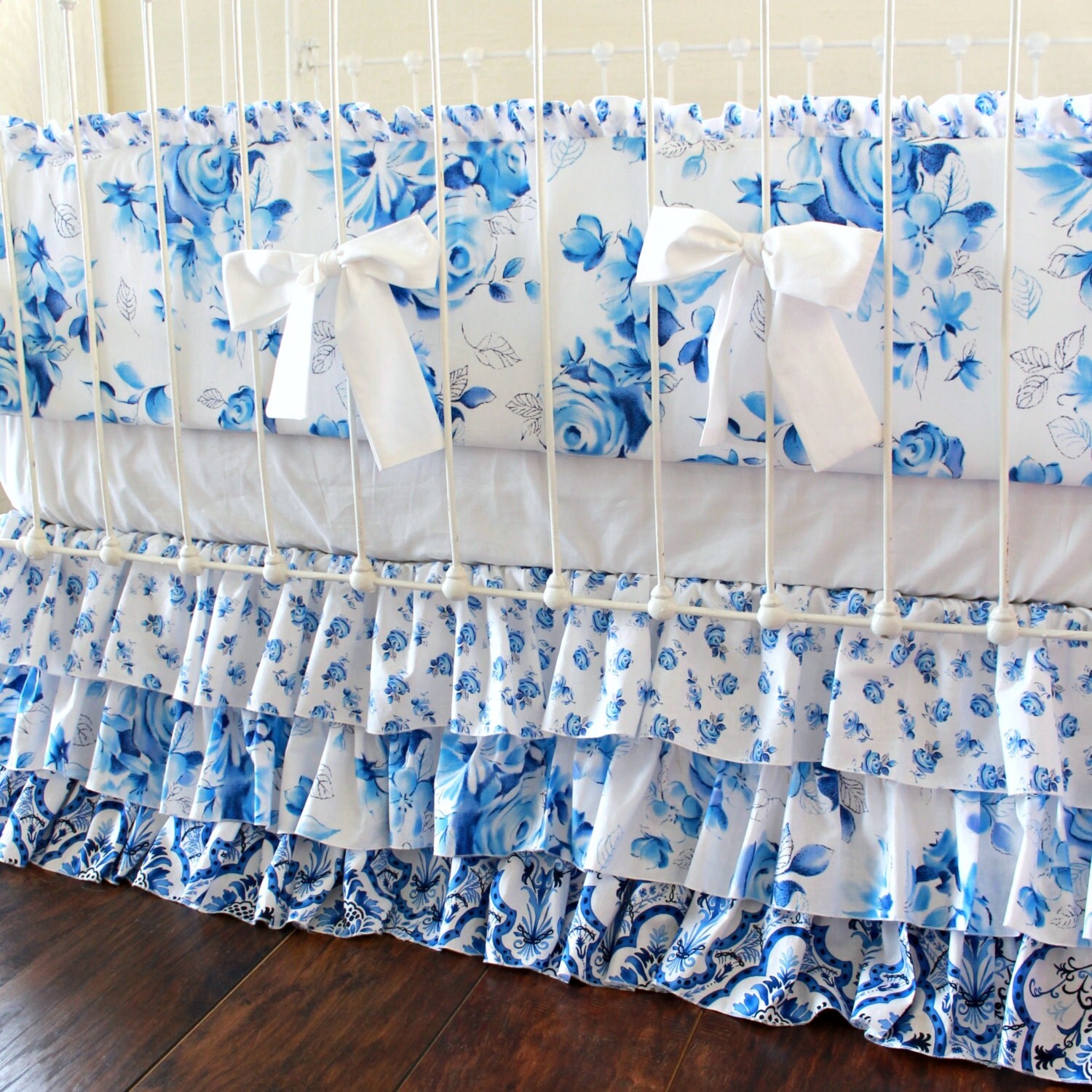 Shabby Chic Baby Girl Crib Bedding Porcelain Blue and White