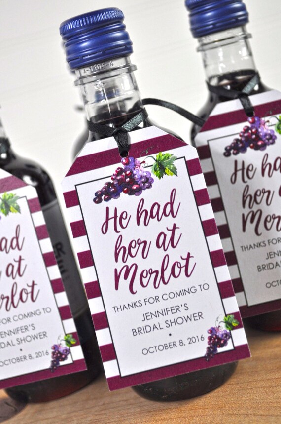 Bridal Shower Favor Tags for Mini Wine Bottles - Bachelorette Favors - Personalized Wedding Wine Bottles - He Had Her At Merlot - Set of 12 Il_570xn