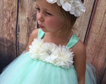 Mint green and ivory girls tulle flower girl dress, mint girls dress, mint wedding