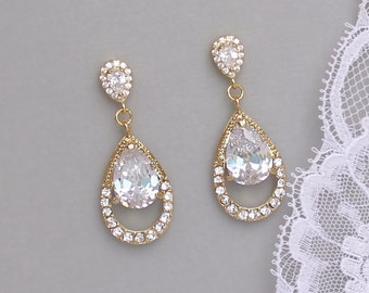 Gold Teardrop Earrings, Crystal Teardrop Earrings, Gold Bridal Jewelry, Gold Wedding Earrings, Bijoux de Mariage, JASMINE