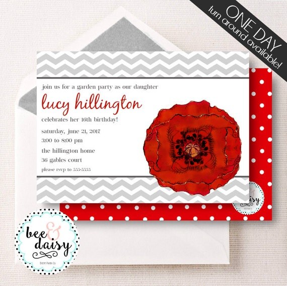 Red Poppy Invitation - Poppy Party Invitation - Poppy Birthday Invitation - Poppy Baby Shower - Printable Flower Invite BeeAndDaisy Il_570xn