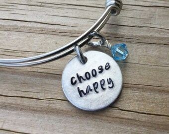 Happiness Inspiration Bracelet- Hand-Stamped "choose happy" Bracelet with an accent bead in your choice of colors- Hand-Stamped Jewelry