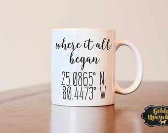 Coordinate Mug, Distance Mug, Where It all Began Mug, Anniversary Gift, Mothers Day gift, Fathers day gift,