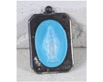 Vintage Catholic Mary Sterling Silver Blue Enamel Miraculous Religious Medal 18" sterling silver rolo chain