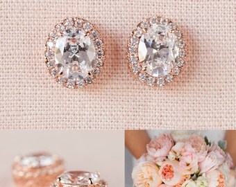 Rose Gold Bridal Earrings, Oval Stud Wedding Earrings, CLIP-ON Earrings, Bridesmaid jewelry Wedding jewelry, Oval Crystal Stud earrings