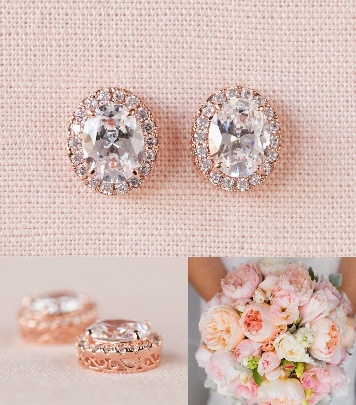 Rose Gold Bridal Earrings, Oval Stud Wedding Earrings, CLIP-ON Earrings, Bridesmaid jewelry Wedding jewelry, Oval Crystal Stud earrings