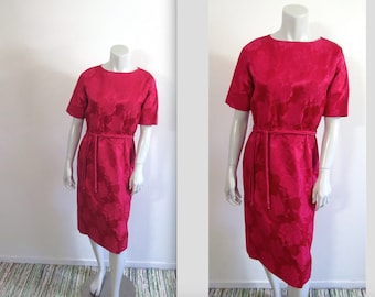 Vintage Early 60s Raspberry Brocade Mad Men Day Dress w Belt L XL