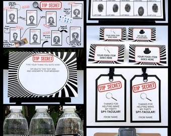 Spy Theme Party Invitations & Decorations - Secret Agent - full Printable Package - INSTANT DOWNLOAD with EDITABLE text - you personalize