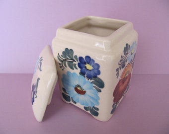 2 Small canisters for salt or sugar, ceramic canister Made in Poland w/ blue brown flowers, ceramic kitchen food storage container canister
