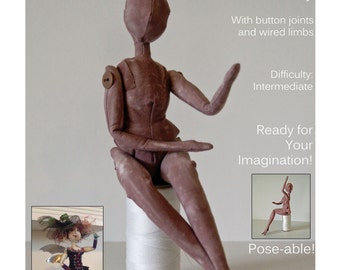 Download, DIY Doll Pattern, Female Doll Pattern, Button Joints, Poseable, Intermediate, cloth doll pattern, doll blanks, art doll pattern