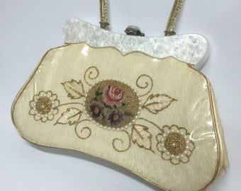 Vintage Vinyl Handbag Lucite Handle Needlepoint Purse Claire Fashions 50s