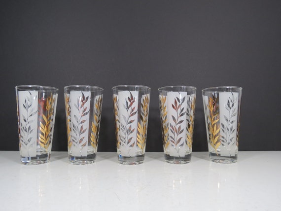 Mid Century Drinking Glasses Set Vintage Gold Leaf Pattern