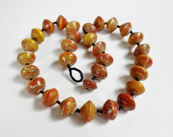 Paper Bead Necklace Fall Warm Earthy Colors Vintage Hand Rolled Sphere Shaped Unique Tribal Style Bead Necklace